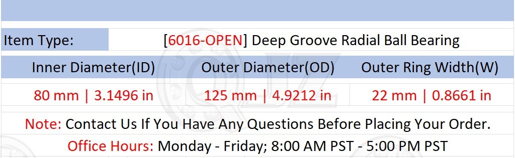[Qty.2] 6016-OPEN Deep Groove Radial Ball Bearing [80mm ID x 125mm OD x 22mm W]
