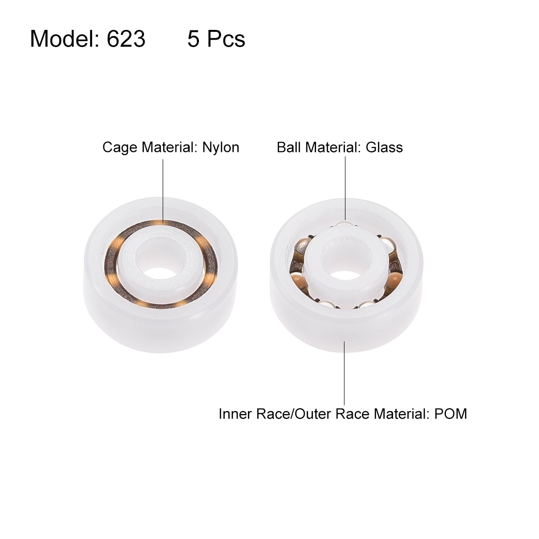 5pcs 623 Plastic Bearings 3x10x4mm Glass Ball Nylon Cage