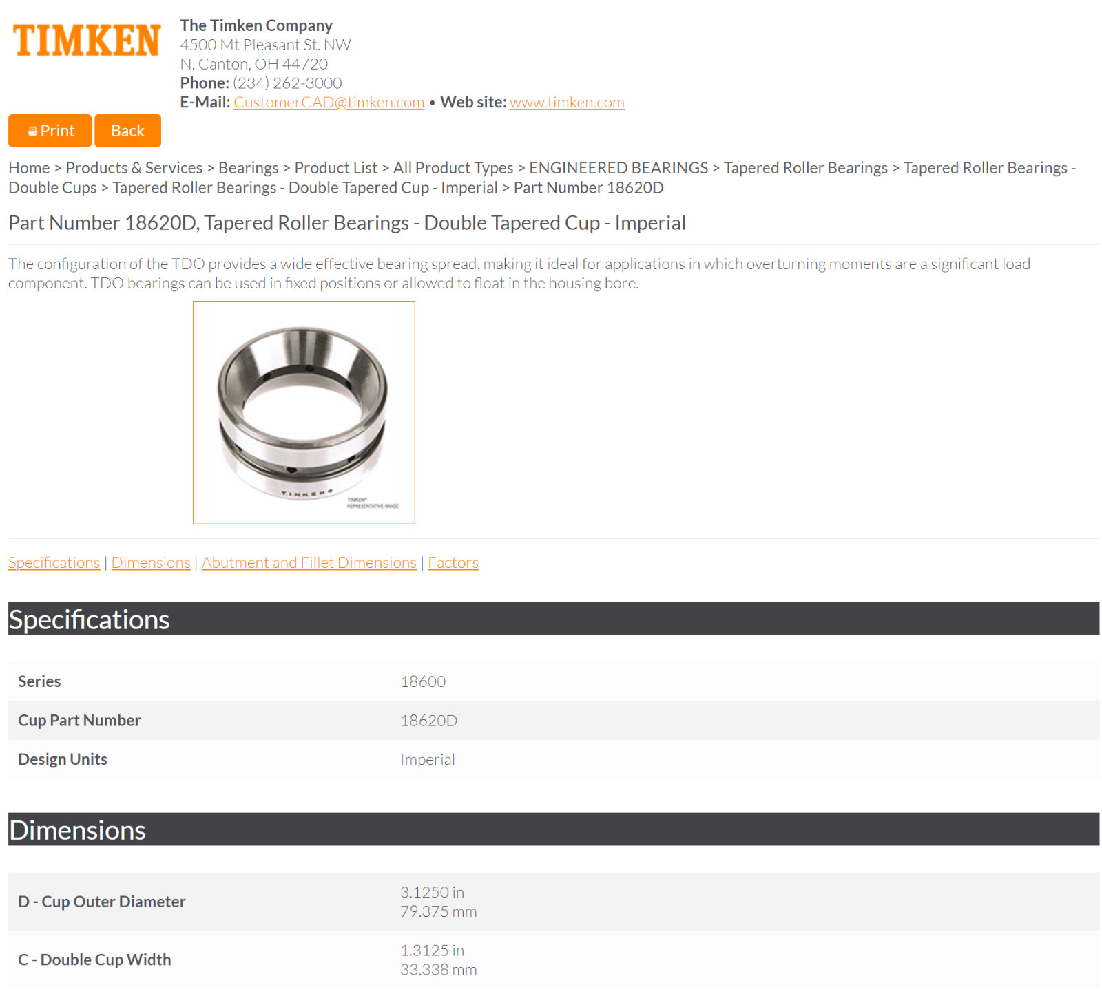 One (1) Timken 18620D Tapered Roller Bearing Double Cup 3-1/8″ OD USA NEW
