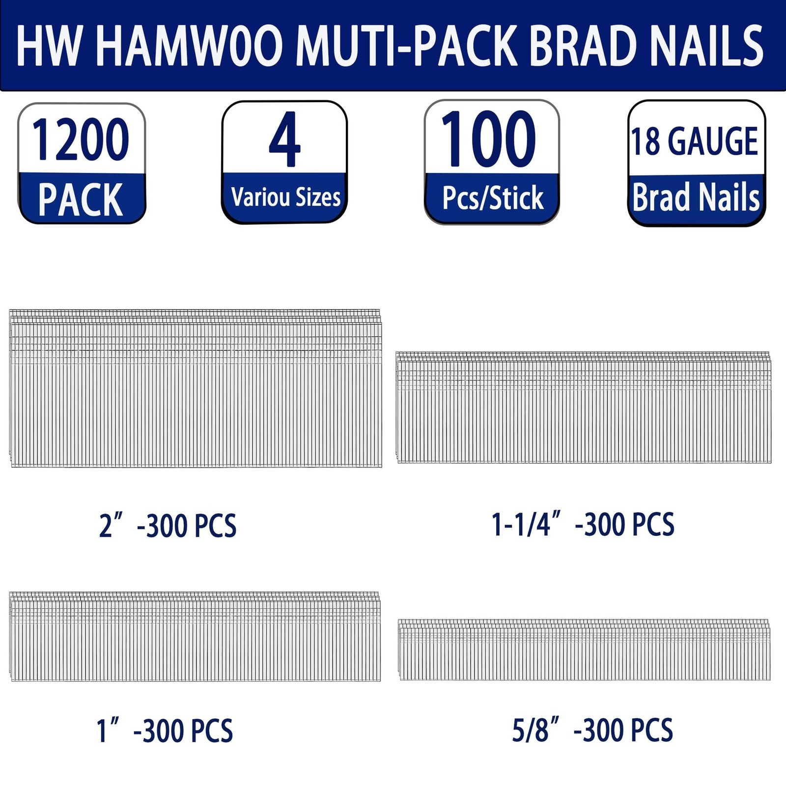 HW HAMWOO 18 Gauge 304 Stainless Steel Brad Nails,2″,1-1/4″,1″,5/8″:1200pcs |…