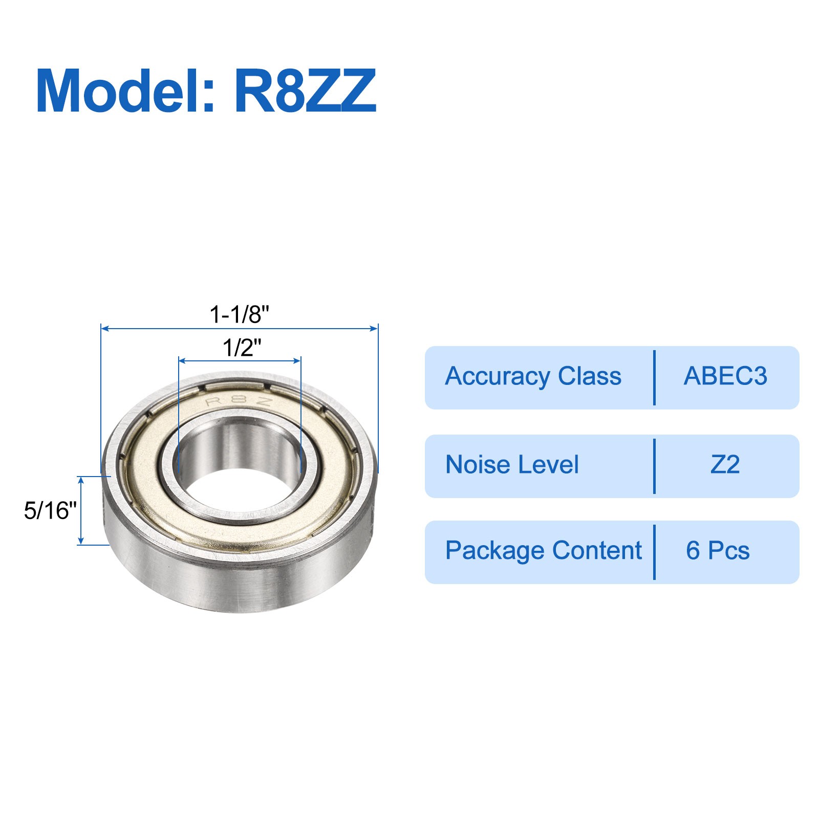 6 Ball Bearings R8ZZ 1/2″ ID x 1-1/8″ OD x 5/16″ H for Z2, Silver