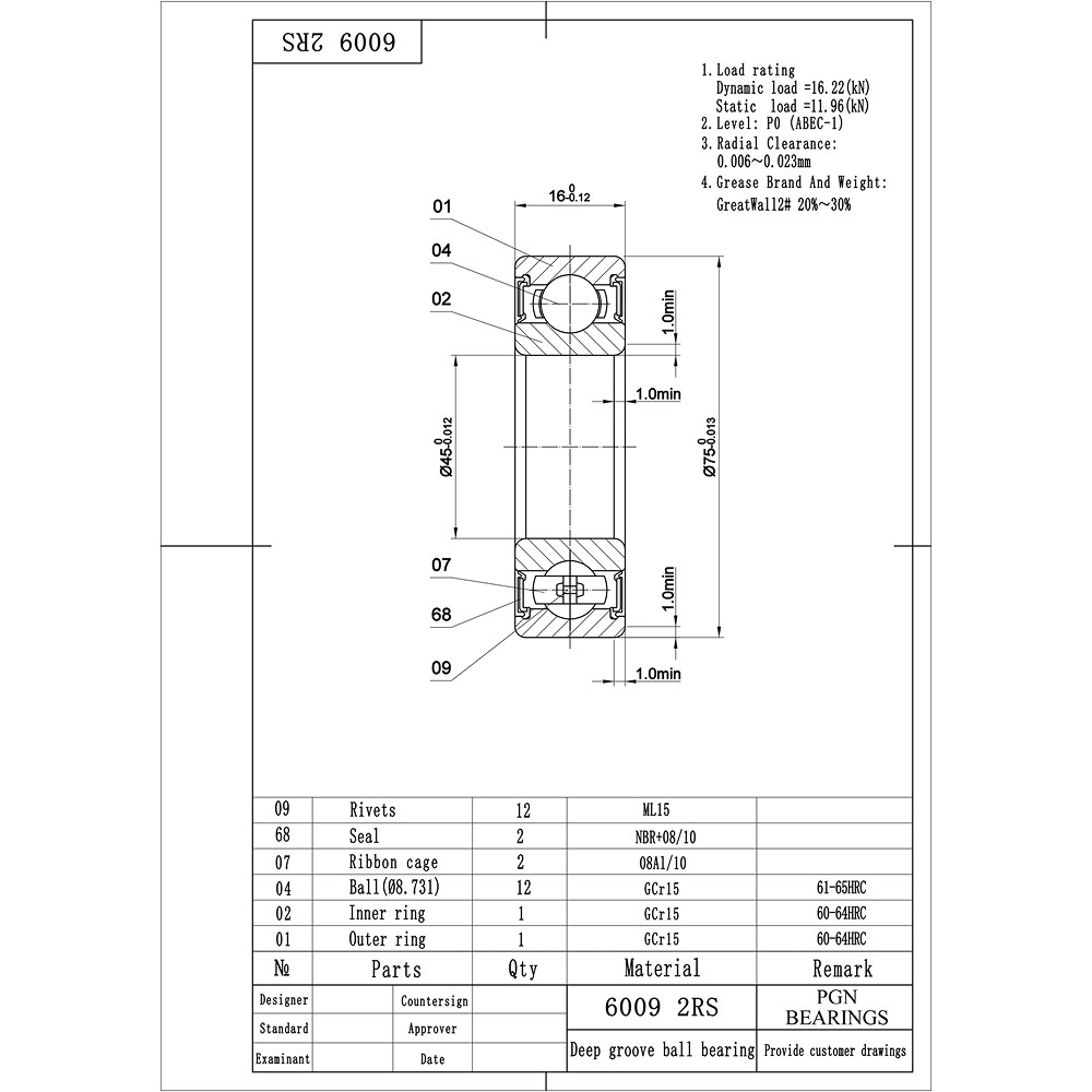 (2) 6009-2RS Premium Rubber Seal Ball Bearing C3 EMQ, 45x75x16, 6009 2RS 6009rs