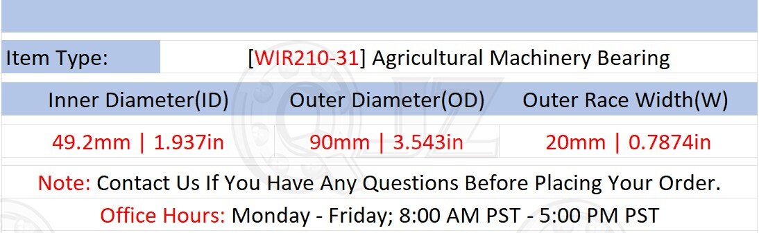 [Qty.4] WIR210-31 Agricultural Machinery Bearing [49.2mm ID x 90mm OD x 20mm W]