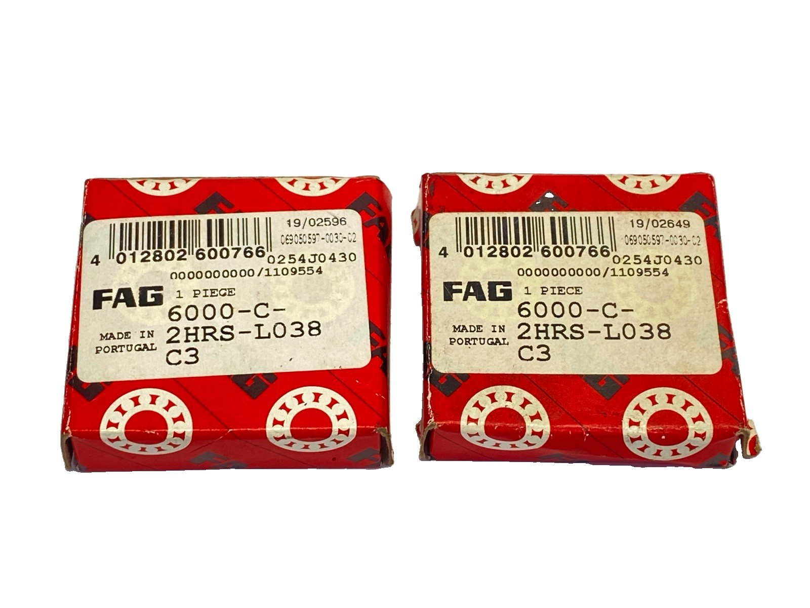FAG 6000-C-2HRS-L038-C3 Ball Bearing 10mm Bore 26mm OD 8mm Wide LOT OF 2