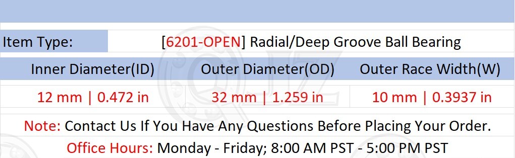 [Qty.50] 6201-OPEN Radial/Deep Groove Ball Bearing [12mm ID x 32mm OD x 10mm W]