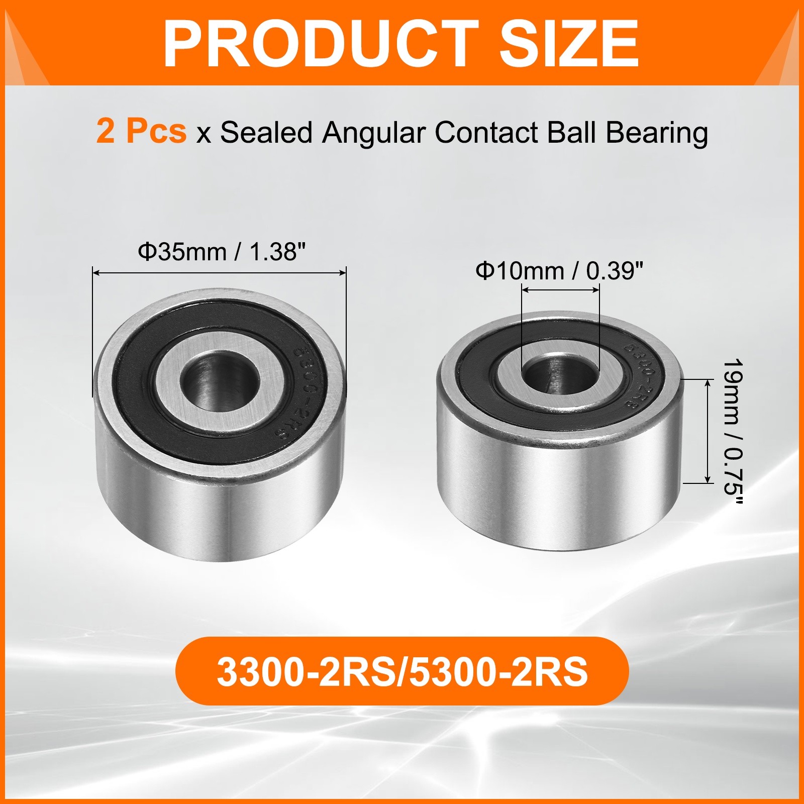 2Pcs 3300-2RS/5300-2RS 10 x 35 x 19mm Sealed Angular Contact Ball Bearing