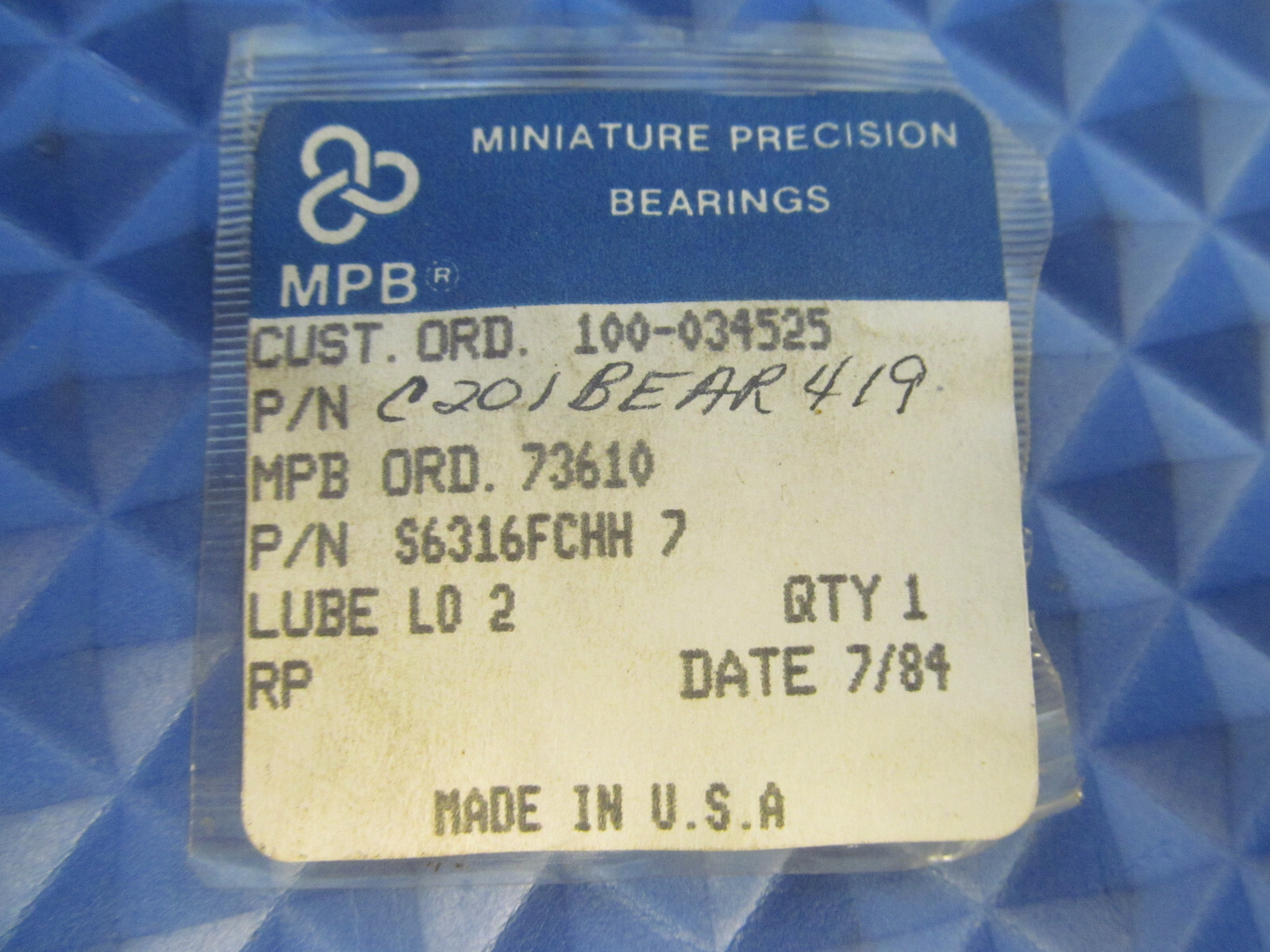 MPB ( Timken Super Precision) S6316FCHH7 73610 .1875 ID X .375 OD X .125 Width