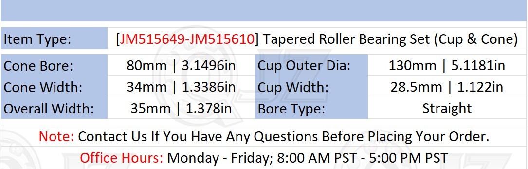 [Qty.1] JM515649-JM515610 Tapered Roller Bearing Cup & Cone [80mm ID x 35mm W]