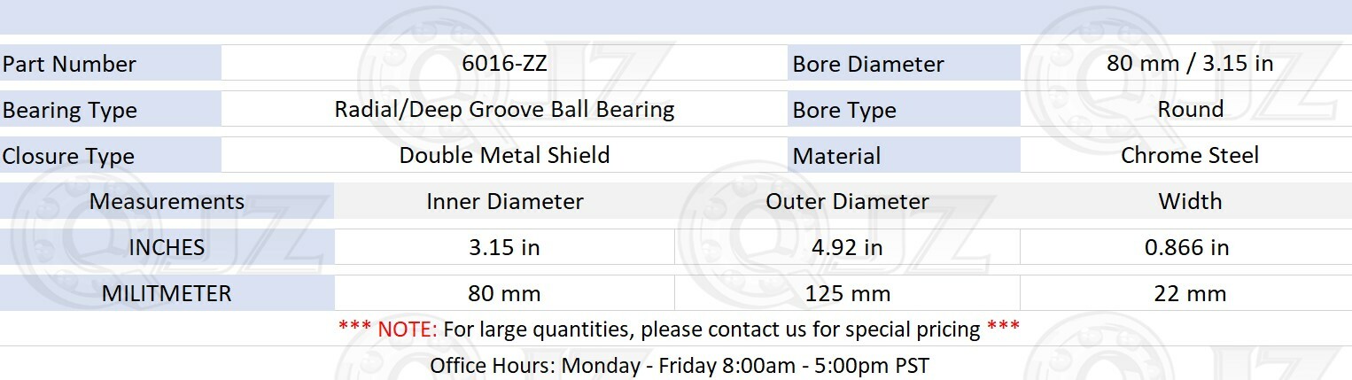 [10-pack] 6016-ZZ Radial/Deep Groove Ball Bearing 80mm x 125mm x 22mm (IDxODxW)