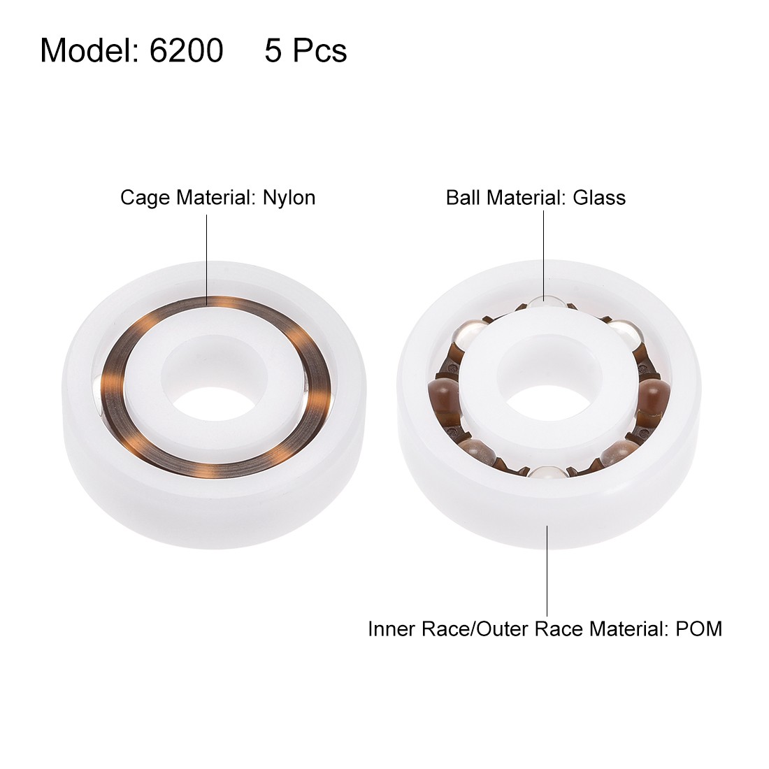 6200 Plastic Bearings 10x30x9mm Glass Ball Nylon Cage 5Pcs