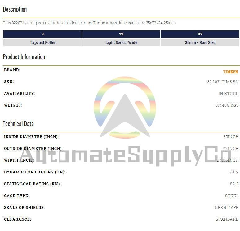 TIMKEN 32207 Taper Roller Bearing 35x72x24.25mm.
