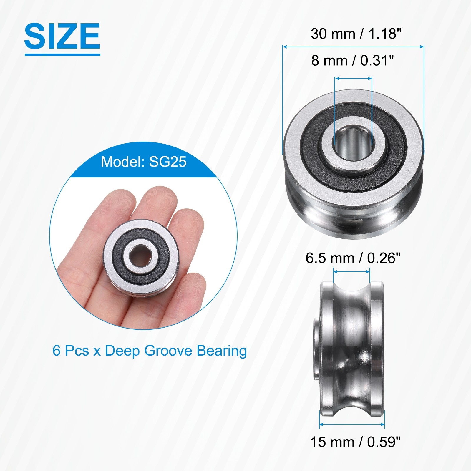 6Pcs SG25 Deep U Groove Ball Track Guide Bearing 8mmx30mmx14mm, Silver