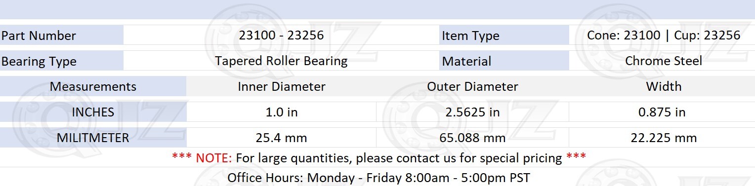 [1-Pack] 23100-23256 Tapered Roller Bearing Set 1.0″ x 2.562″ x 0.875″ (IDxODxW)