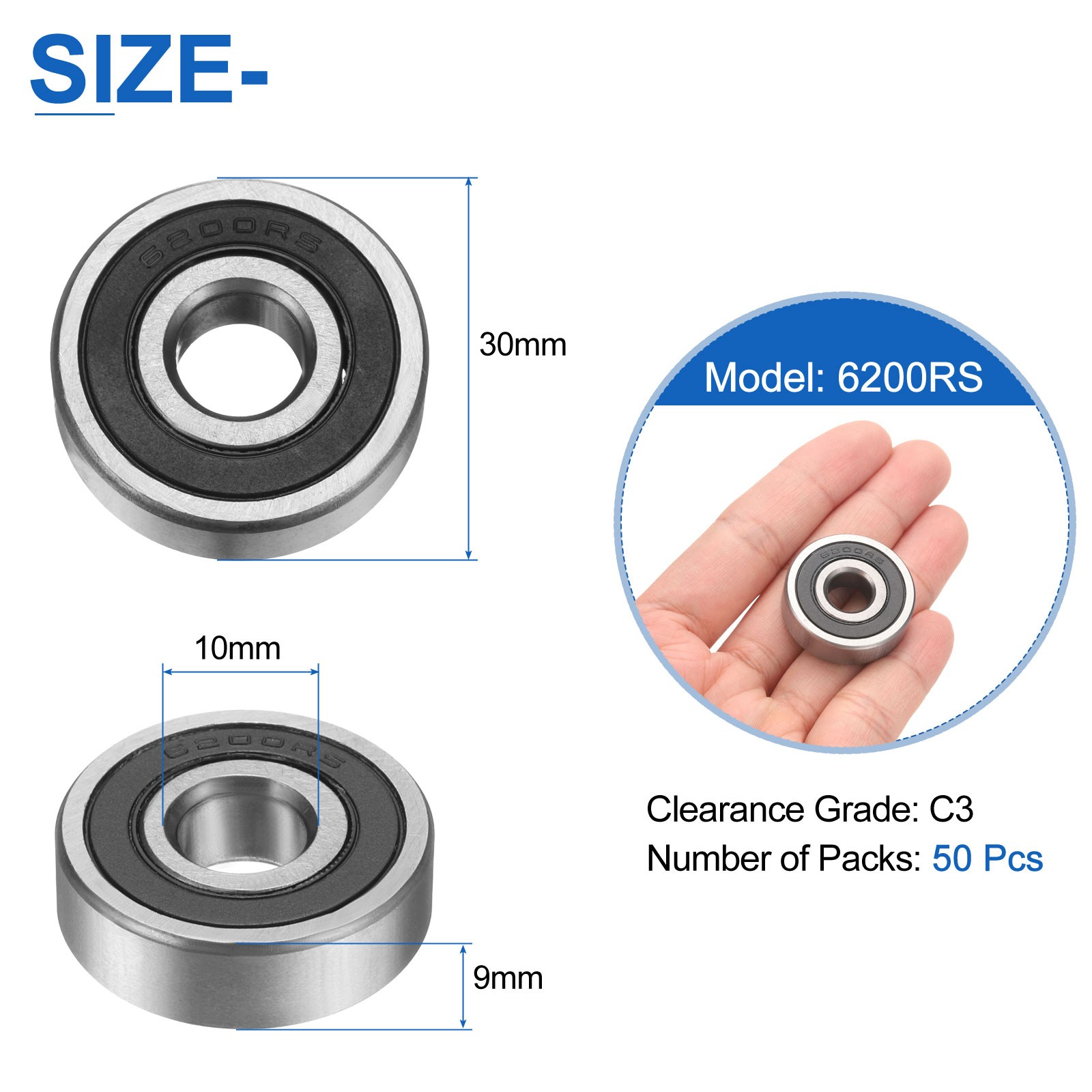 50pcs 6200RS Deep Groove Ball Bearings 10x30x9mm Double Sealed Bearings, Silver