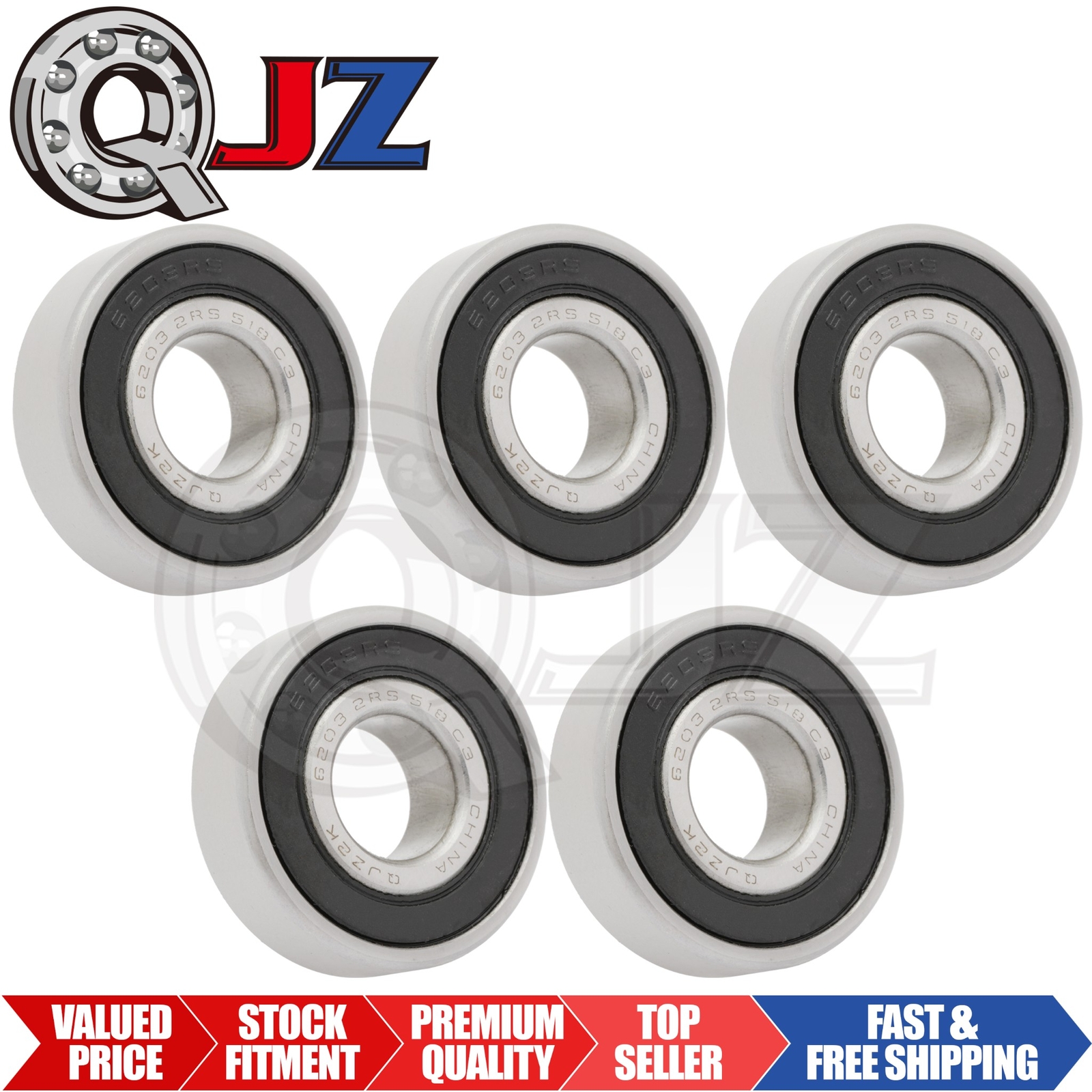 [Qty.5] 6203-2RS-5/8 Deep Groove/Radial Ball Bearing [5/8″ID x 40mm OD x 12mm W]