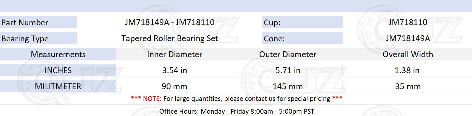 [2-Pack] JM718149A-JM718110 Tapered Roller Bearing Cup & Cone (90 x 145 x 35 mm)