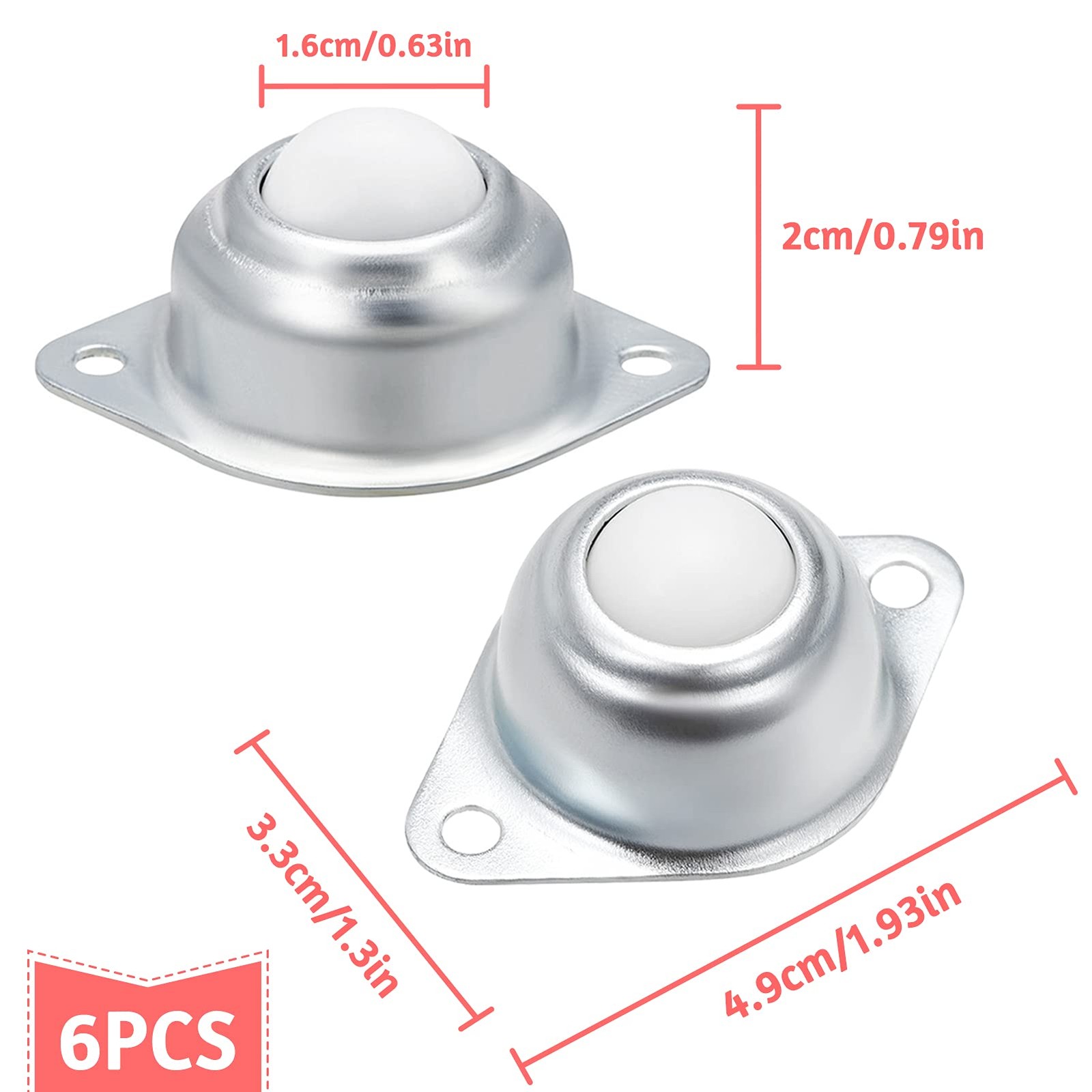 6 PCS 5/8″ Nylon Roller Ball Transfer Bearing Casters 0.625 inches, Silver