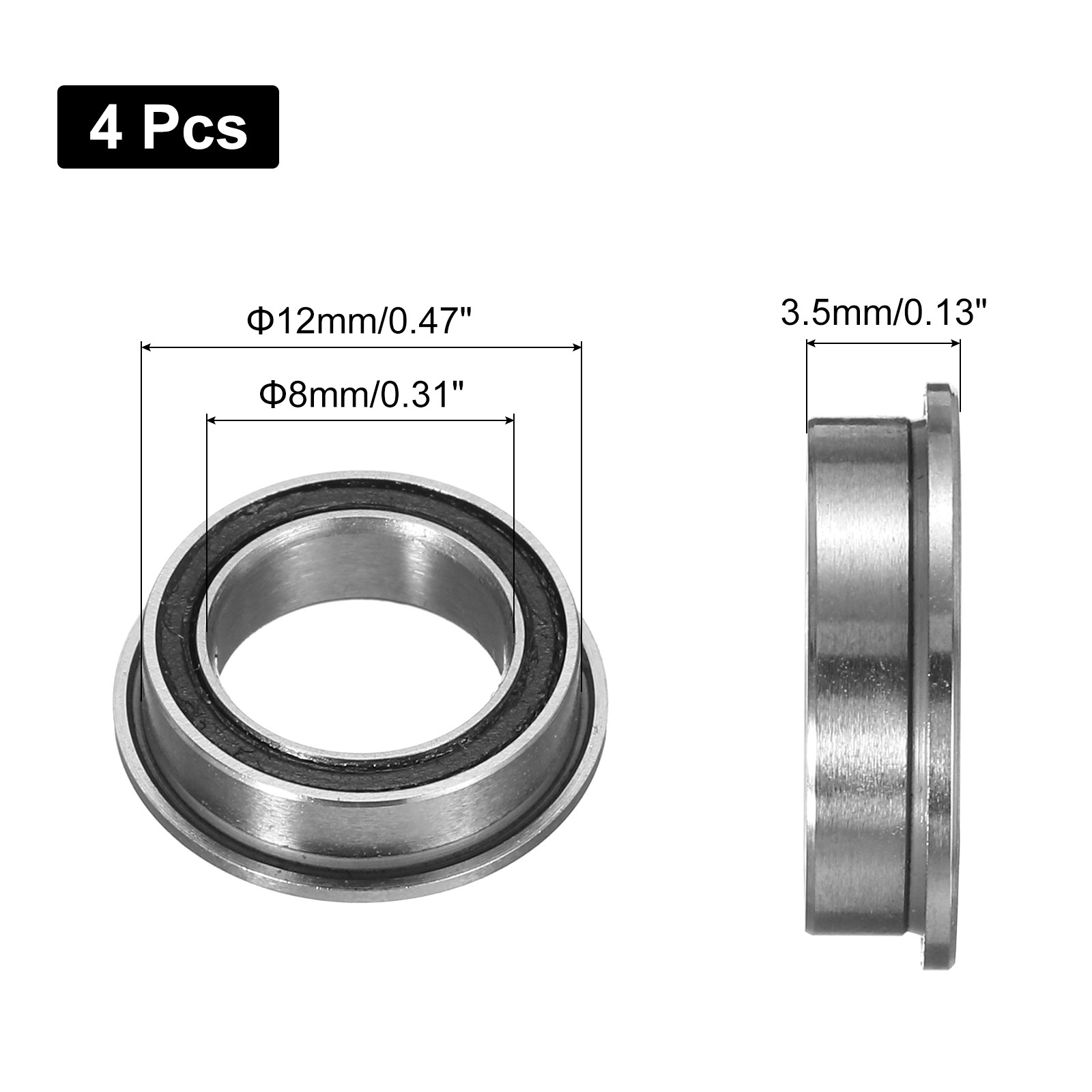 MF128-2RS Flanged Ball Bearing, 4pcs 8 x 12 x 3.5 mm ABEC3 ZV2 Flange Bearings