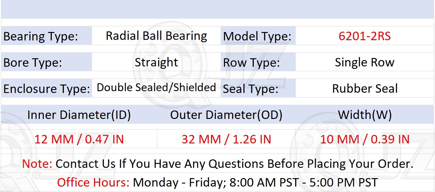 [Qty.2] 6201-2RS Deep Groove Radial Ball Bearing [12mm ID x 32mm OD x 10mm W]