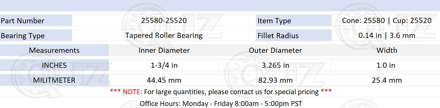 [1-Pack] 25580-25520 Tapered Roller Bearing Set 1-3/4″ x 3.265″ x 1.0″ (IDxODxW)