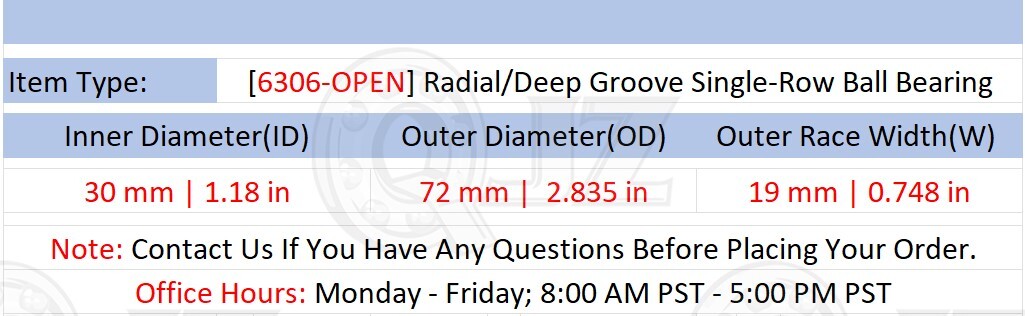 [Qty.1] 6306-OPEN Radial/Deep Groove Ball Bearing [30mm ID x 72mm OD x 19mm W]