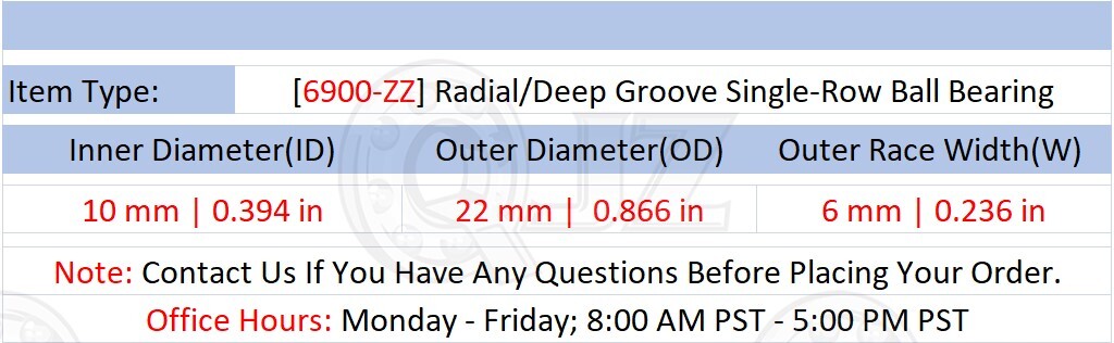 [Qty.5] New 6900-ZZ Radial/Deep Groove Ball Bearing [10mm ID x 22mm OD x 6mm W]