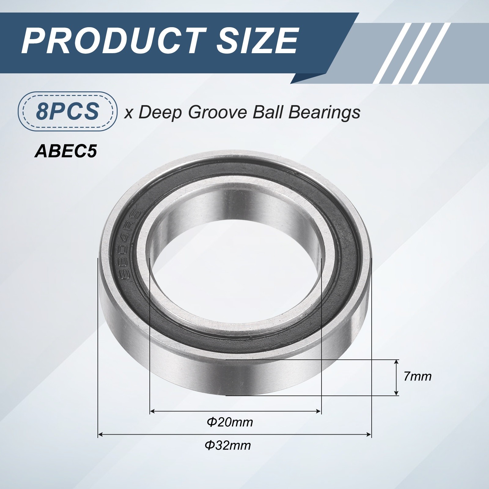 8Pcs 6804 2RS 20mmx32mmx7mm Rubber Shielded Deep Groove Ball Bearing, Black