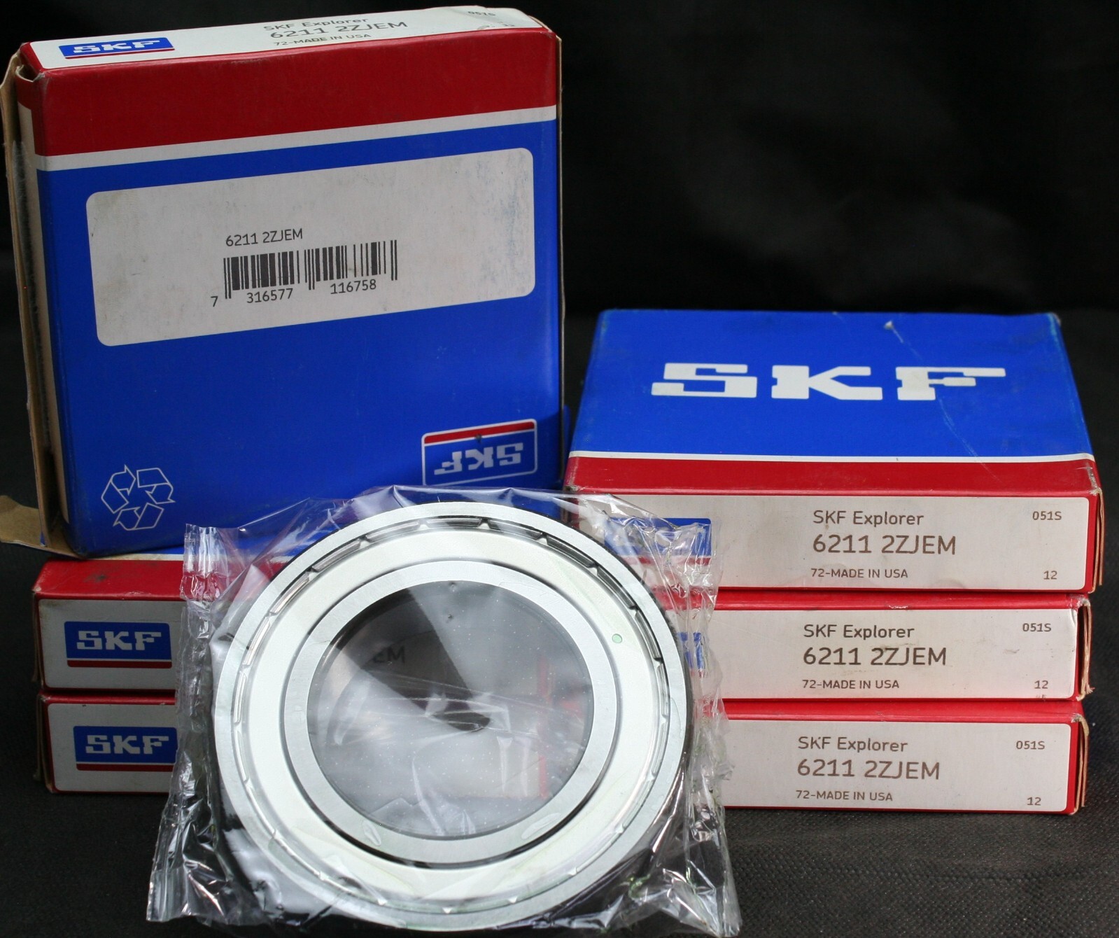 One (1) SKF 6211 2ZJEM Shielded Deep Groove Bearing 55 MM ID USA NEW