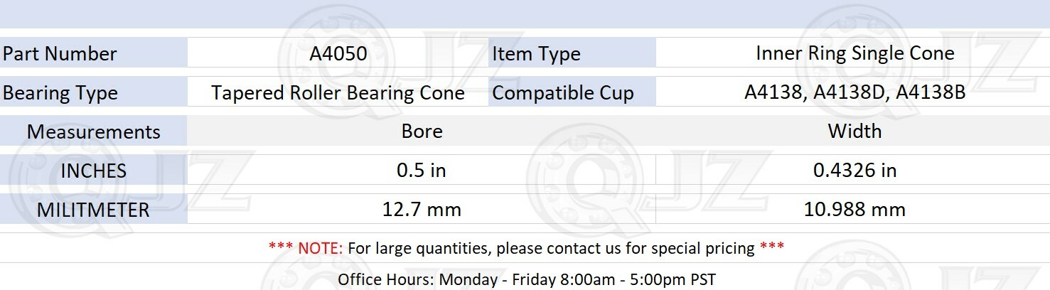[1-Pack] A4050 Tapered Roller Bearing Inner Cone 0.5″ (Bore) x 0.4326″ (Width)