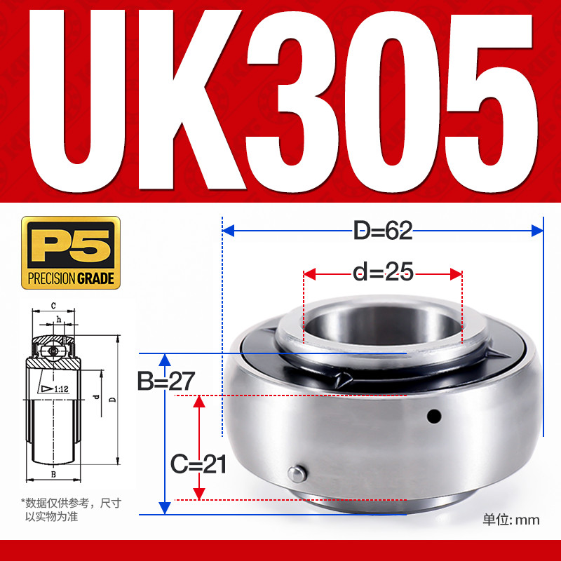 UK305 Bearing Insert, P5 Precision Grade, 25mm Bore, High Accuracy