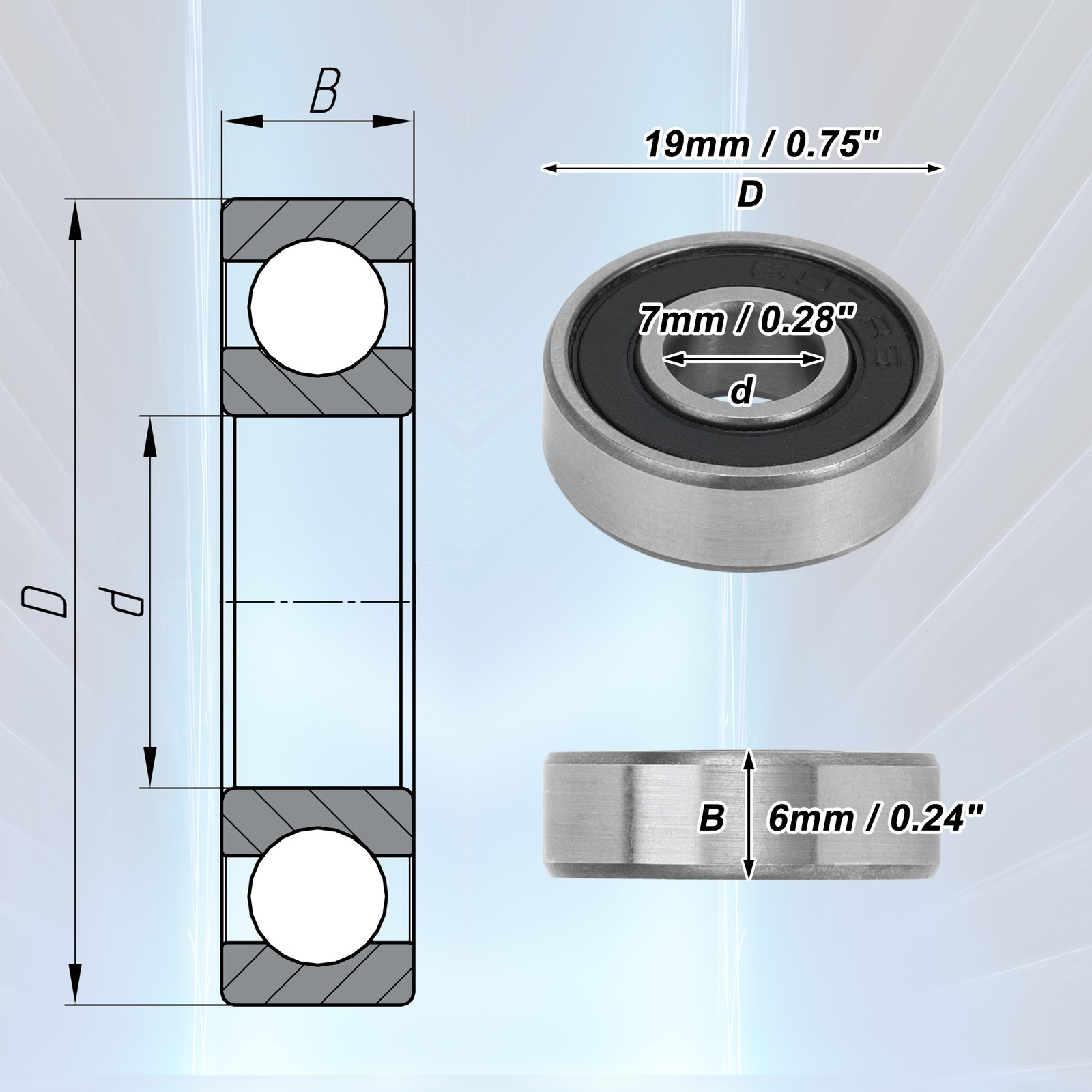 607-2rs Deep Groove Ball Bearings 7x19x6mm 1 Pc Scooter Skateboard Wheel