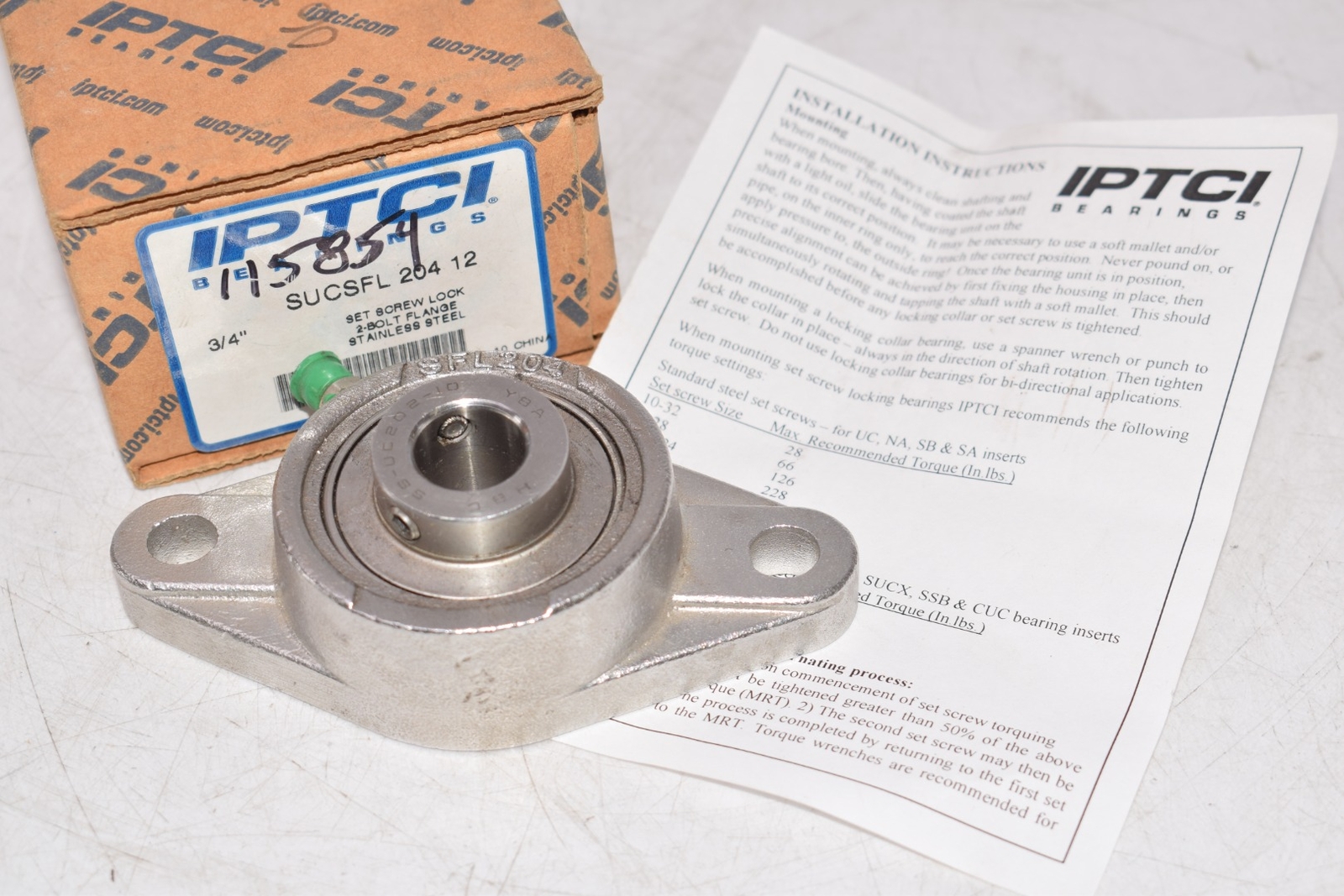 NEW IPTCI 2 Bolt Flange Stainless Steel Bearing 3/4” SUCSFL 204 12