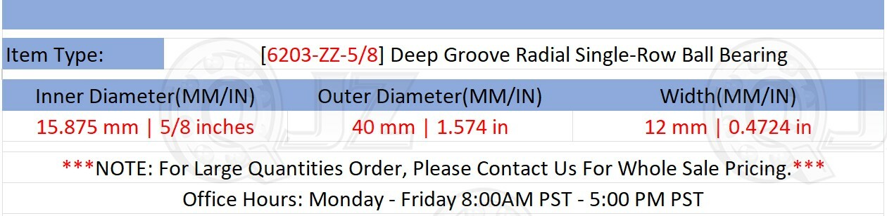 [Qty.100] 6203-ZZ-5/8 Deep Groove Ball Bearing [5/8in Bore x 40mm OD x 12mm W]