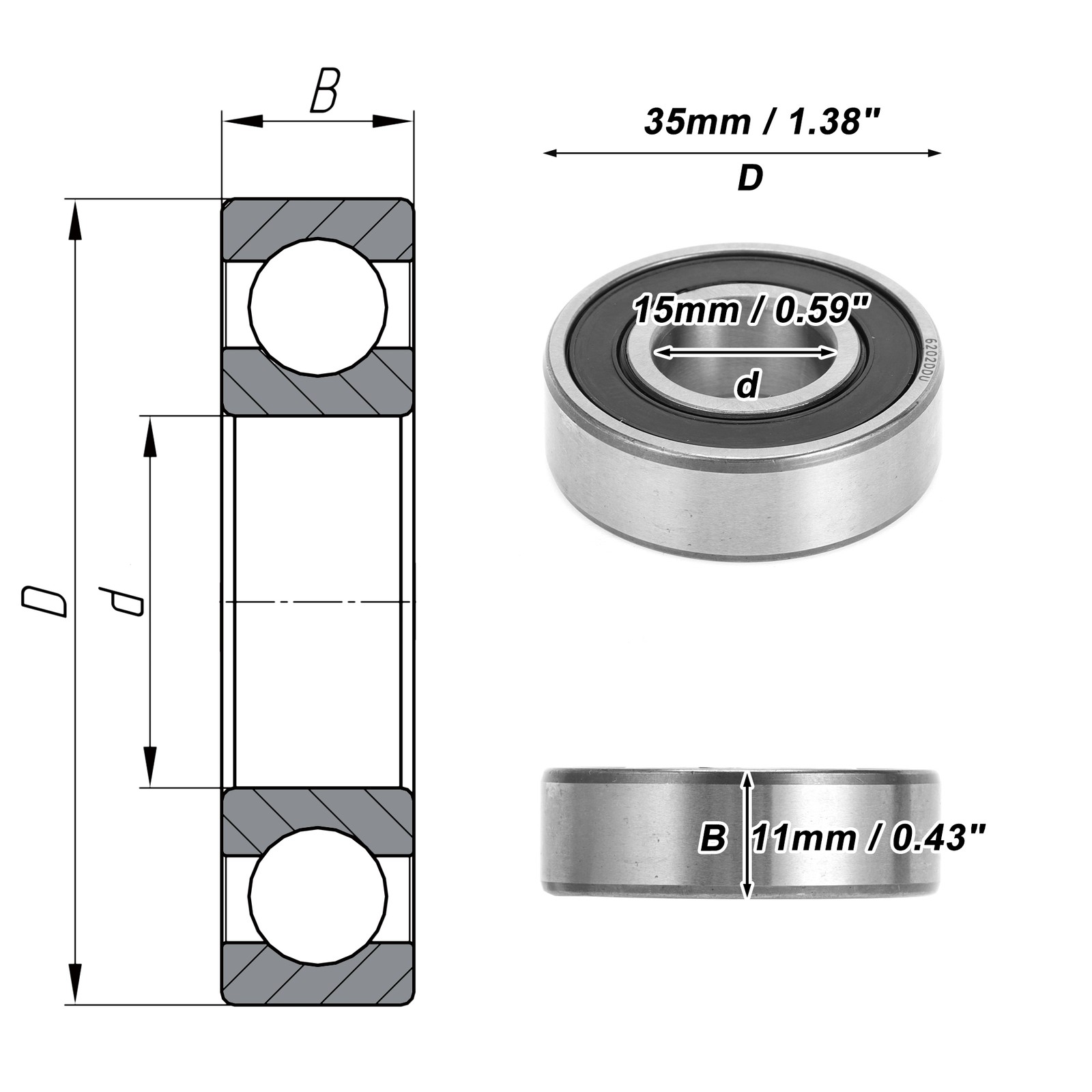 6202DDU Deep Groove Ball Bearings 15x35x11mm 1 Pc Scooter Skateboard Wheel