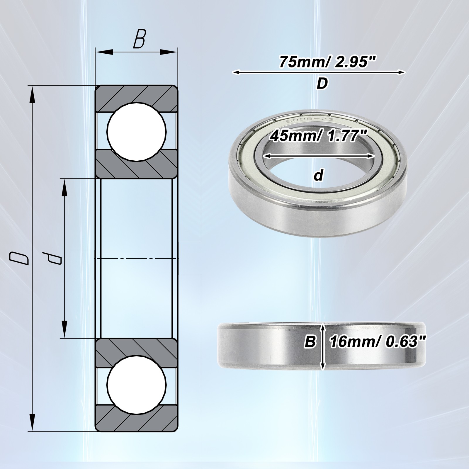 6009ZZ deep throat ball bearings 45x75x16mm scooter wheel